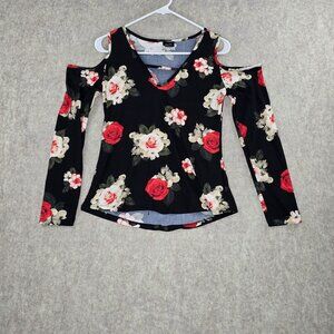 Rue21 Womens Cold Shoulder Floral Top Black Red Medium Polyester Stretchy Fit